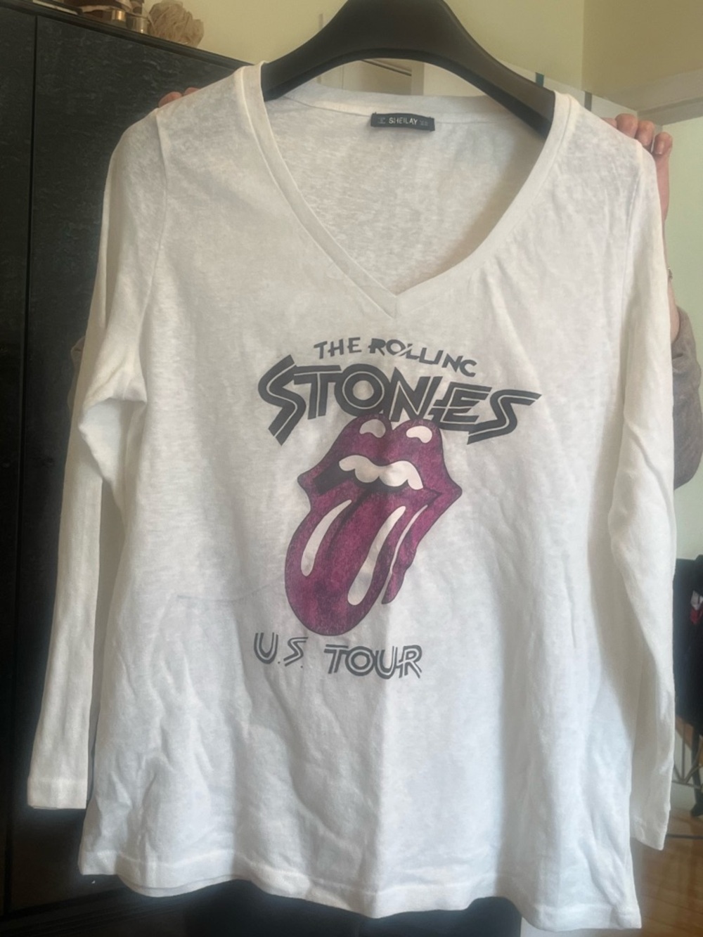 The Rolling Stones Women's White V-Neck Long Sleeve Tour Tee
